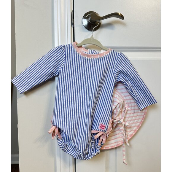 RUFFLEBUTTS Seersucker Tulle Skirted One Piece Swimsuit in Periwinkle Blue 3-6M - Picture 3 of 9